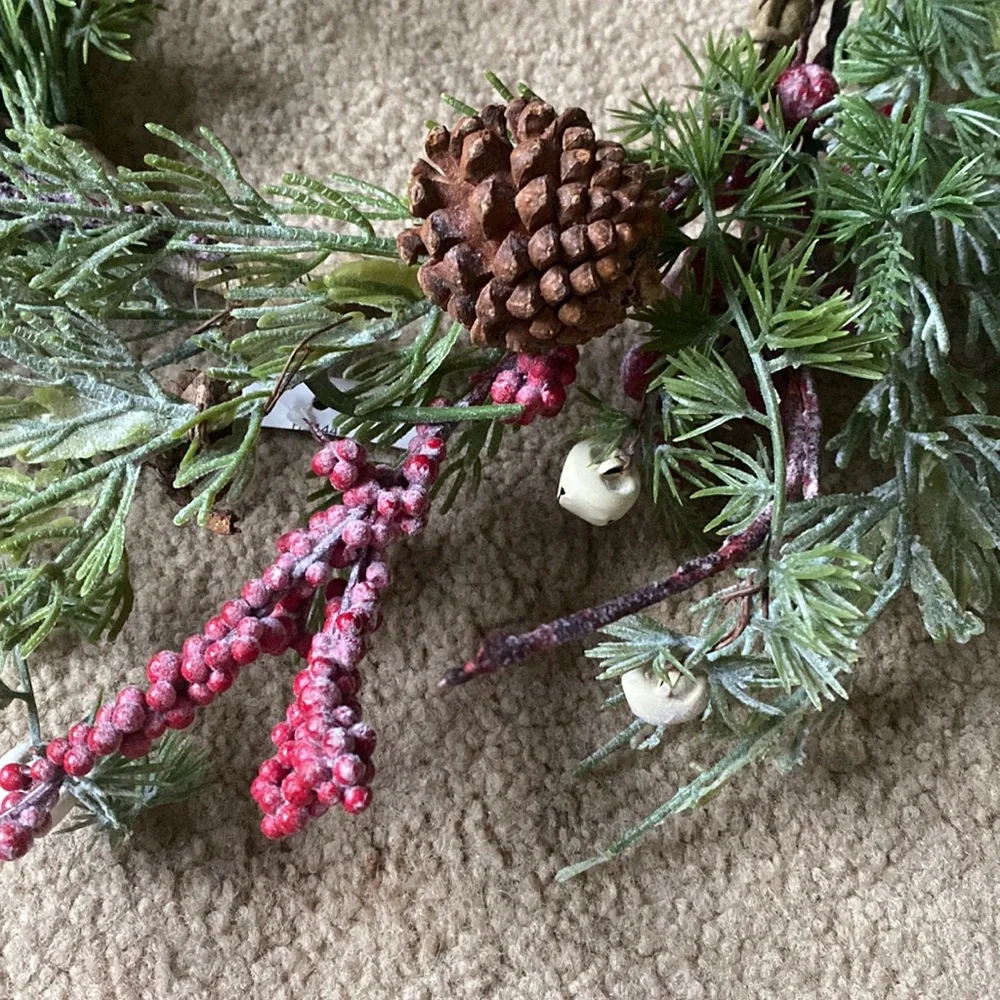Wreath with Red Berries, Pinecones, White Mini Bells